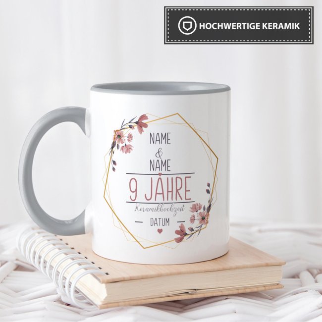 Tasse zum Hochzeitstag - mit Name &amp; Datum - 9 Jahre - Keramikhochzeit - Innen &amp; Henkel Grau