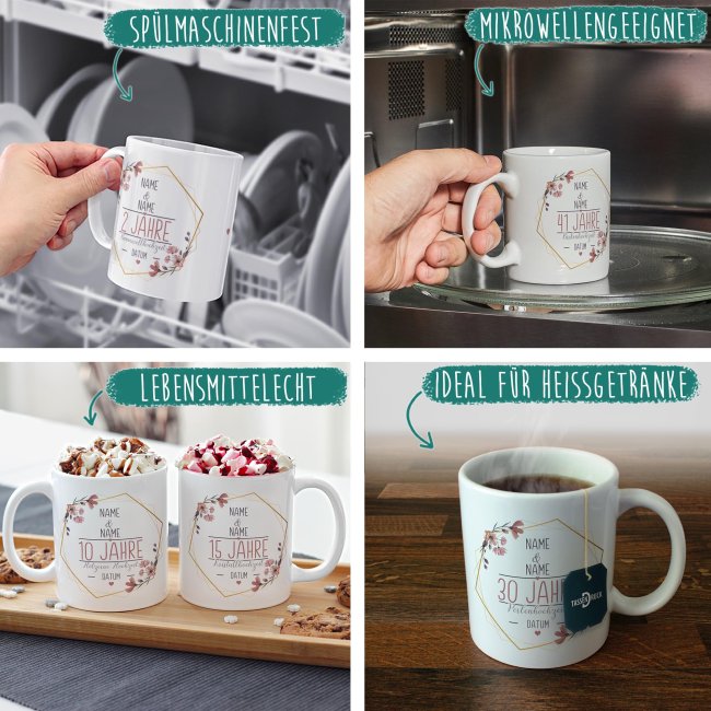 Tasse zum Hochzeitstag - mit Name &amp; Datum - 9 Jahre - Keramikhochzeit - Innen &amp; Henkel Grau