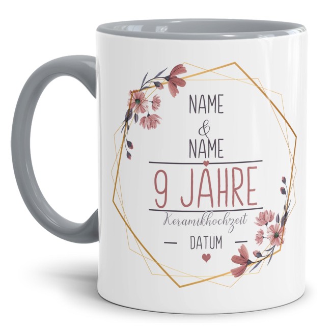 Tasse zum Hochzeitstag - mit Name &amp; Datum - 9 Jahre - Keramikhochzeit - Innen &amp; Henkel Grau