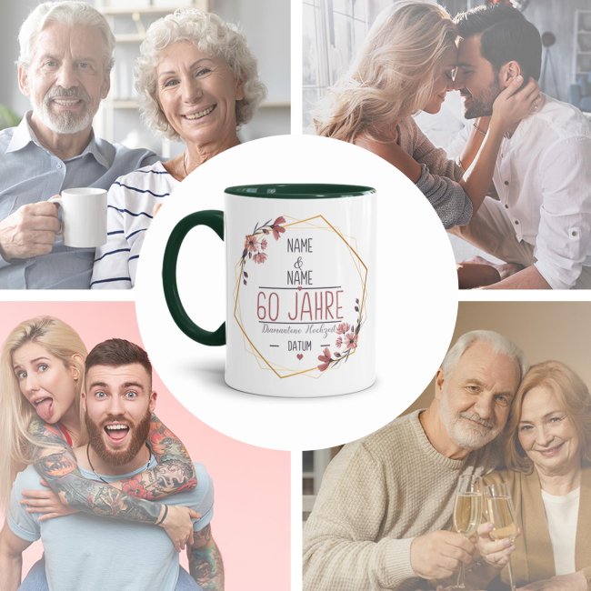 Tasse zum Hochzeitstag - mit Name &amp; Datum - 60 Jahre - Diamantene Hochzeit - Innen &amp; Henkel Dunkelgr&uuml;n