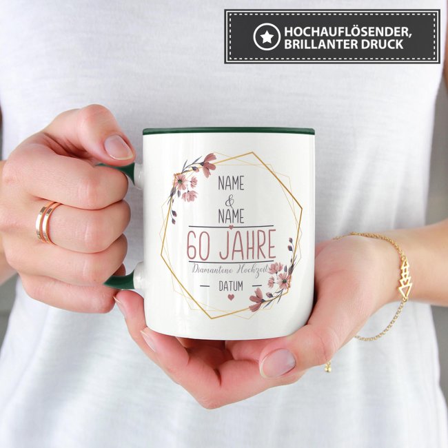 Tasse zum Hochzeitstag - mit Name &amp; Datum - 60 Jahre - Diamantene Hochzeit - Innen &amp; Henkel Dunkelgr&uuml;n