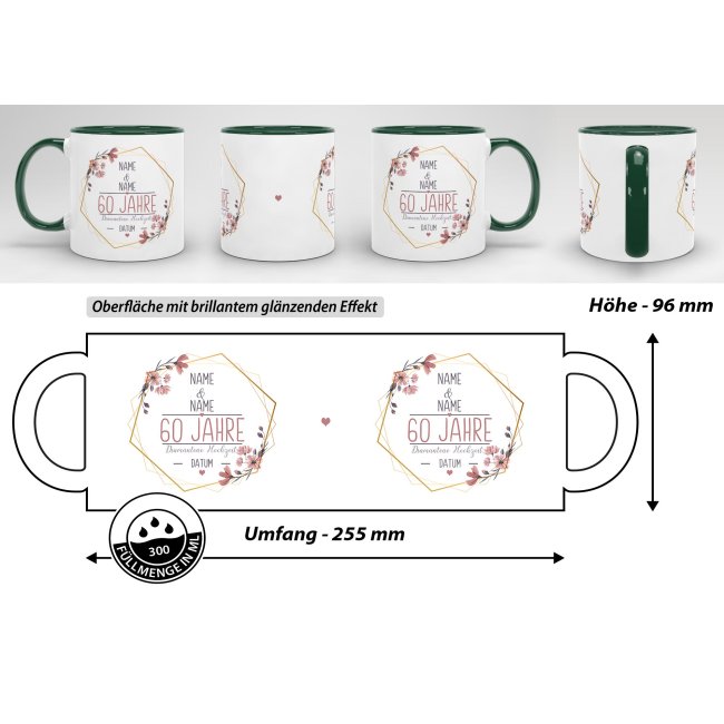 Tasse zum Hochzeitstag - mit Name &amp; Datum - 60 Jahre - Diamantene Hochzeit - Innen &amp; Henkel Dunkelgr&uuml;n