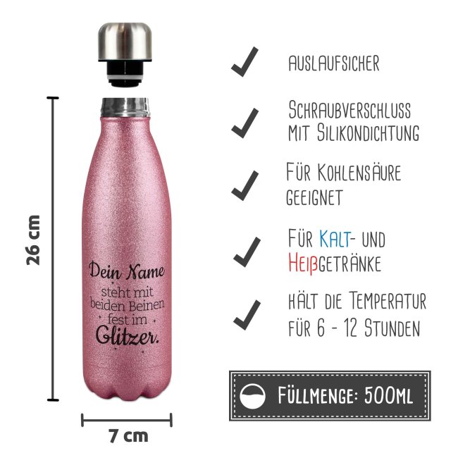 Glitzer-Trinkflasche mit Spruch - Mit beiden Beinen im Glitzer - mit Name - Pink