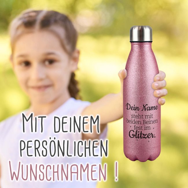 Glitzer-Trinkflasche mit Spruch - Mit beiden Beinen im Glitzer - mit Name - Pink