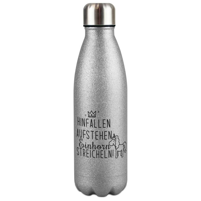 Glitzer-Trinkflasche mit Spruch - Hinfallen aufstehen Einhorn streicheln