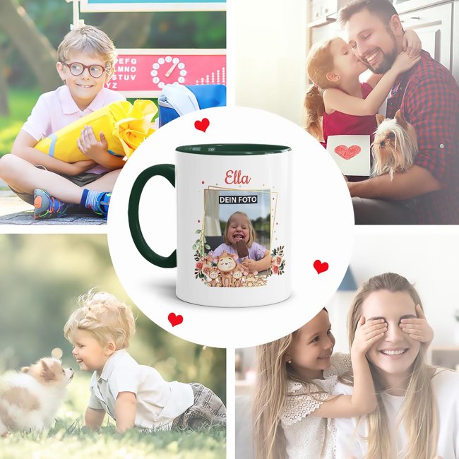 Tasse f&uuml;r Kinder - Fotocollage &Auml;ffchen - mit Name - Innen &amp; Henkel Dunkelgr&uuml;n