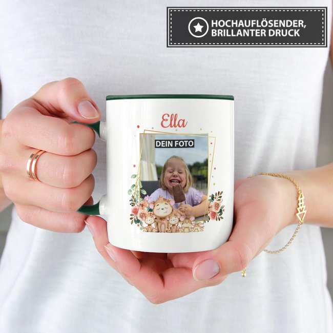 Tasse f&uuml;r Kinder - Fotocollage &Auml;ffchen - mit Name - Innen &amp; Henkel Dunkelgr&uuml;n