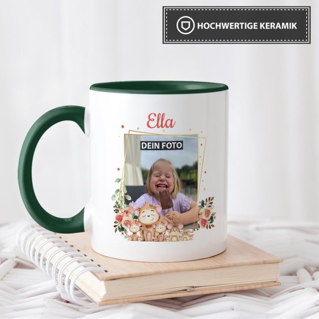 Tasse f&uuml;r Kinder - Fotocollage &Auml;ffchen - mit Name - Innen &amp; Henkel Dunkelgr&uuml;n