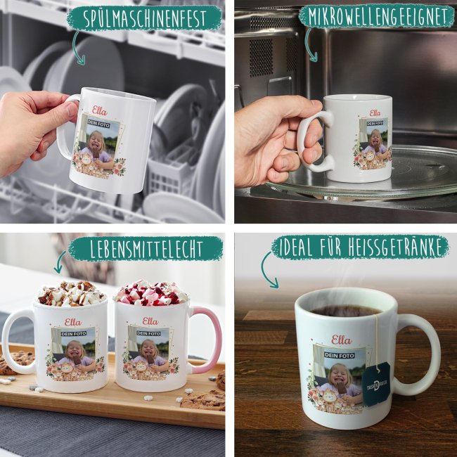 Tasse f&uuml;r Kinder - Fotocollage &Auml;ffchen - mit Name - Innen &amp; Henkel Dunkelgr&uuml;n