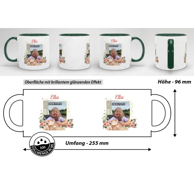 Tasse f&uuml;r Kinder - Fotocollage &Auml;ffchen - mit Name - Innen &amp; Henkel Dunkelgr&uuml;n