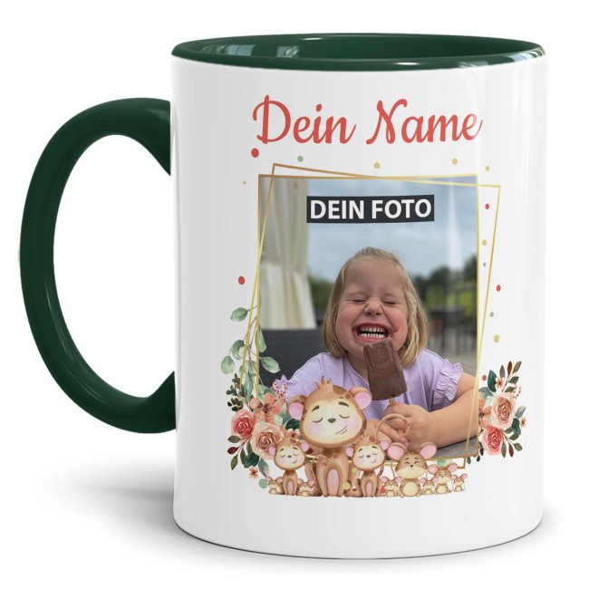 Tasse f&uuml;r Kinder - Fotocollage &Auml;ffchen - mit Name - Innen &amp; Henkel Dunkelgr&uuml;n