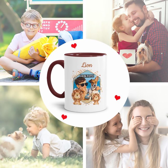 Tasse f&uuml;r Kinder - Fotocollage L&ouml;we - mit Name - Innen &amp; Henkel Weinrot