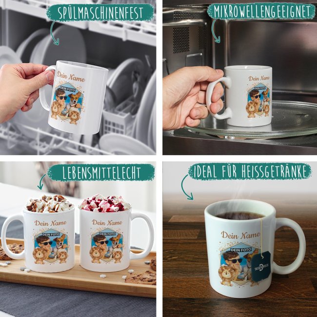 Tasse f&uuml;r Kinder - Fotocollage L&ouml;we - mit Name - Innen &amp; Henkel Weinrot