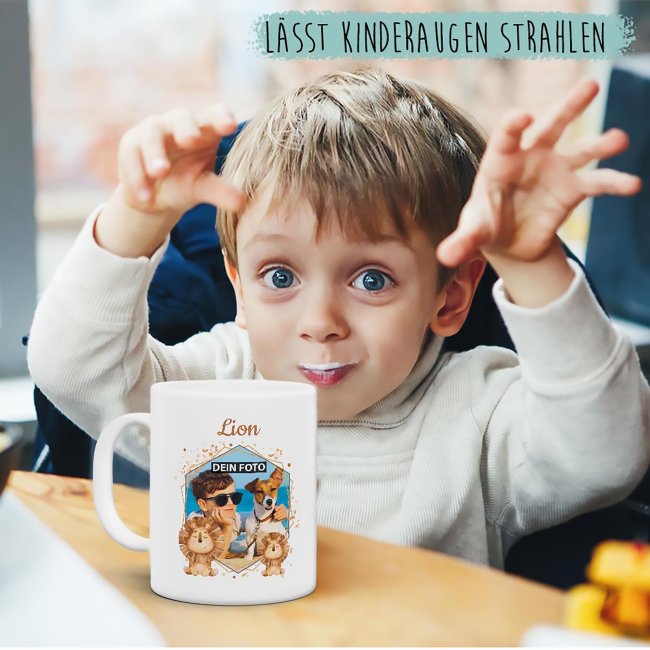 Fototasse f&uuml;r Kinder - L&ouml;we - mit Name und Foto personalisierbar - aus robustem Kunststoff