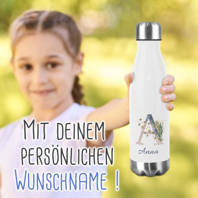 Buchstaben-Trinkflasche aus Edelstahl - mit Blumenmotiv