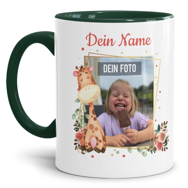 Tasse f&uuml;r Kinder - Fotocollage Giraffe - mit Name - Innen &amp; Henkel Dunkelgr&uuml;n