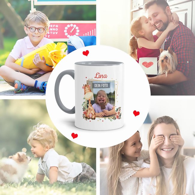 Tasse f&uuml;r Kinder - Fotocollage Giraffe - mit Name - Innen &amp; Henkel Grau