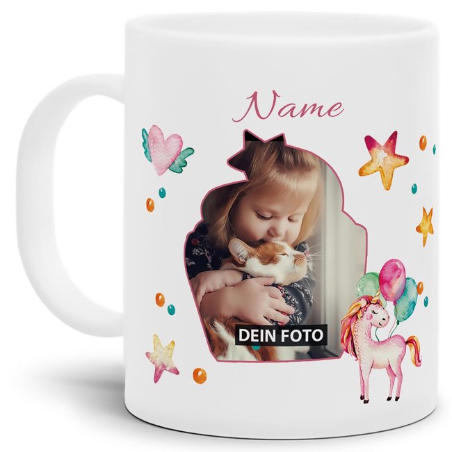 Fototasse f&uuml;r Kinder - Einhorn - mit Name und Foto personalisierbar - aus robustem Kunststoff