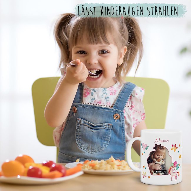 Fototasse f&uuml;r Kinder - Einhorn - mit Name und Foto personalisierbar - aus robustem Kunststoff