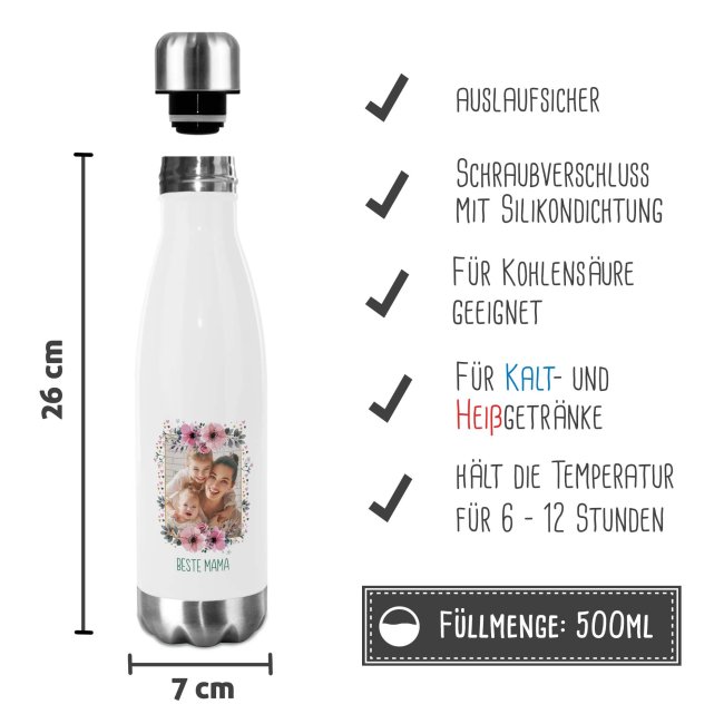 Edelstahl Trinkflasche mit Bild und Name - Blumenrahmen 2 - 500 ml