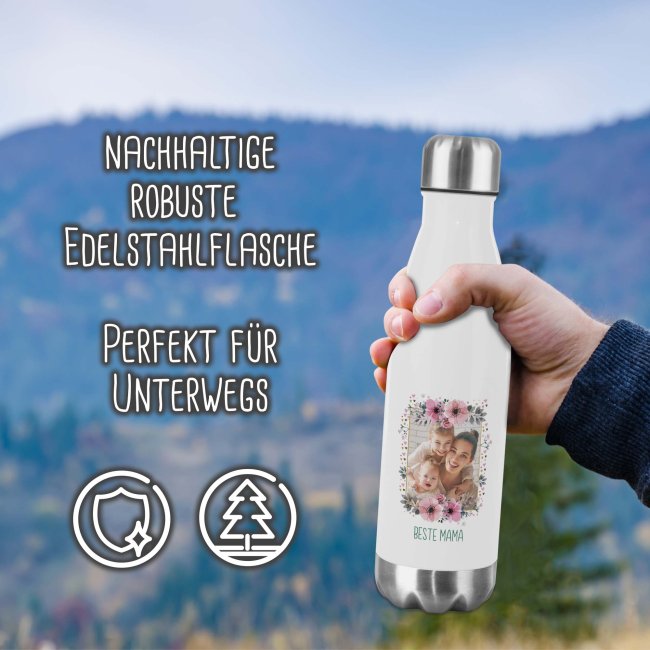 Edelstahl Trinkflasche mit Bild und Name - Blumenrahmen 2 - 500 ml
