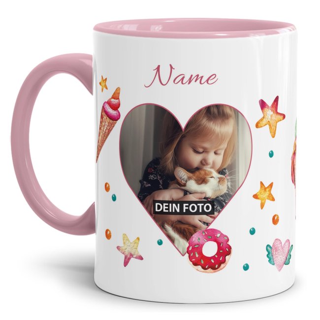 Namenstasse f&uuml;r Kinder - Fotocollage Einhorn - Innen &amp; Henkel Rosa