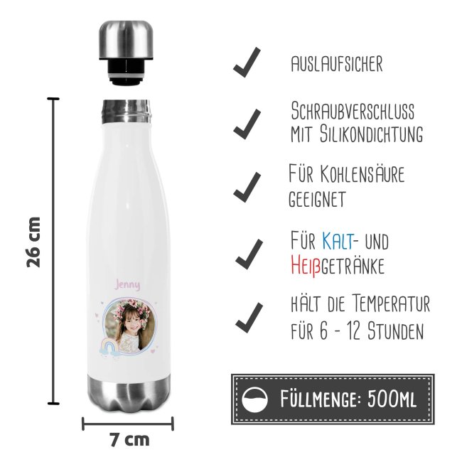 Trinkflasche aus Edelstahl f&uuml;r Kinder - mit Bild und Name - Rahmen Regenbogen - 500 ml
