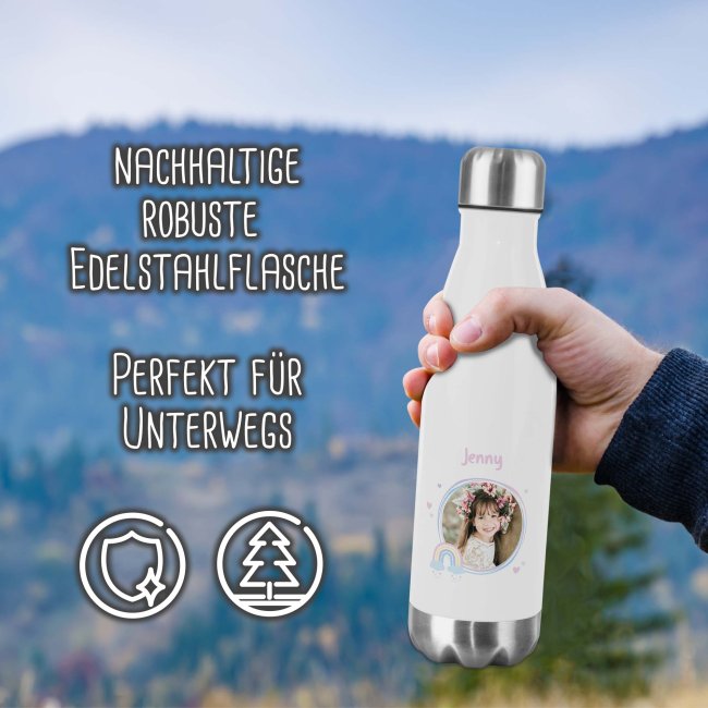 Trinkflasche aus Edelstahl f&uuml;r Kinder - mit Bild und Name - Rahmen Regenbogen - 500 ml