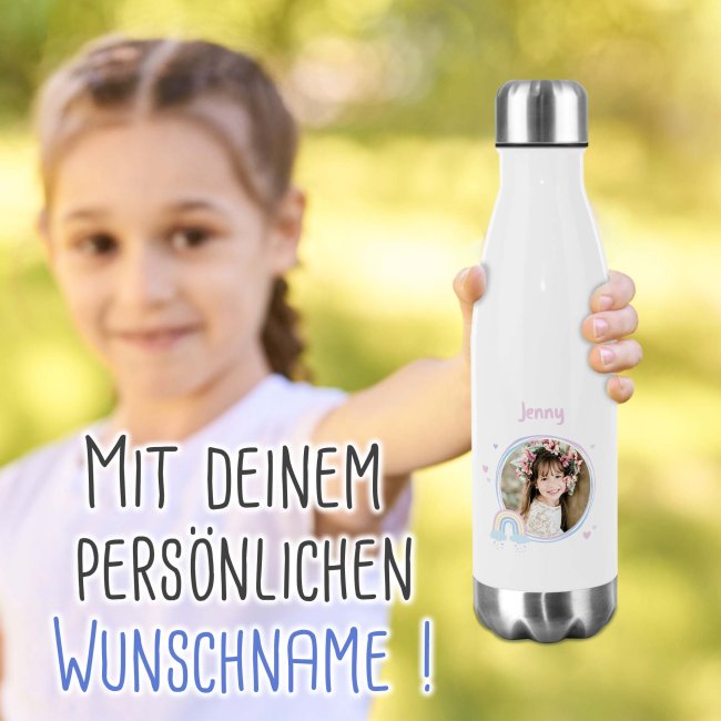 Trinkflasche aus Edelstahl f&uuml;r Kinder - mit Bild und Name - Rahmen Regenbogen - 500 ml