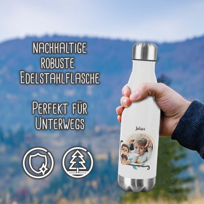 Trinkflasche aus Edelstahl f&uuml;r Kinder - mit Bild und Name - Rahmen Affe - 500 ml