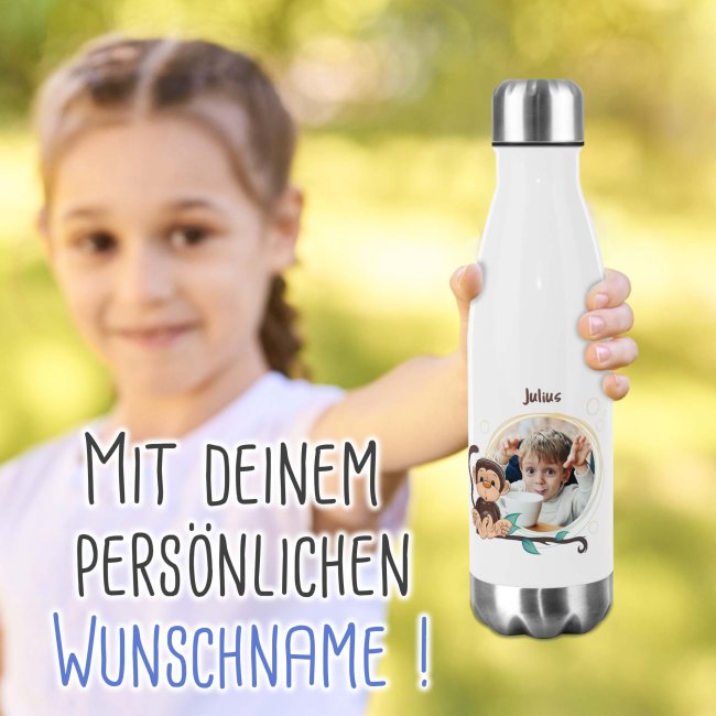 Trinkflasche aus Edelstahl f&uuml;r Kinder - mit Bild und Name - Rahmen Affe - 500 ml