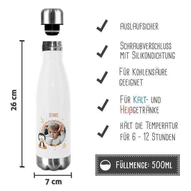 Trinkflasche aus Edelstahl f&uuml;r Kinder - mit Bild und Name - Rahmen Pinguin - 500 ml