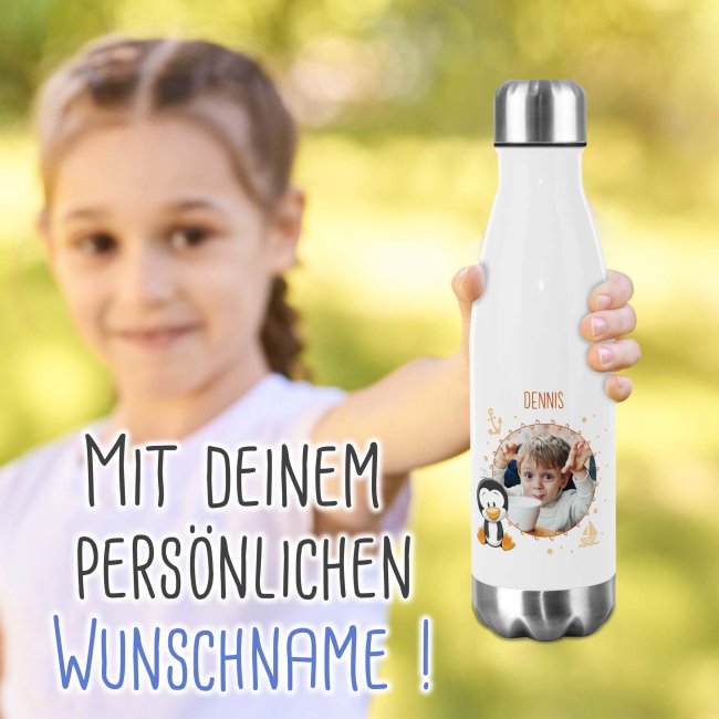 Trinkflasche aus Edelstahl f&uuml;r Kinder - mit Bild und Name - Rahmen Pinguin - 500 ml
