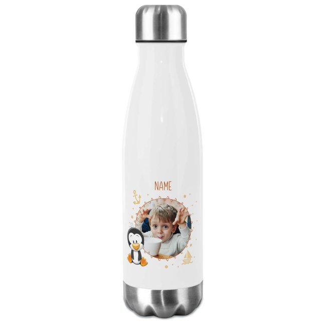 Trinkflasche aus Edelstahl f&uuml;r Kinder - mit Bild und Name - Rahmen Pinguin - 500 ml