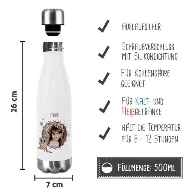 Trinkflasche aus Edelstahl f&uuml;r Kinder - mit Bild und Name - Rahmen Eule - 500 ml