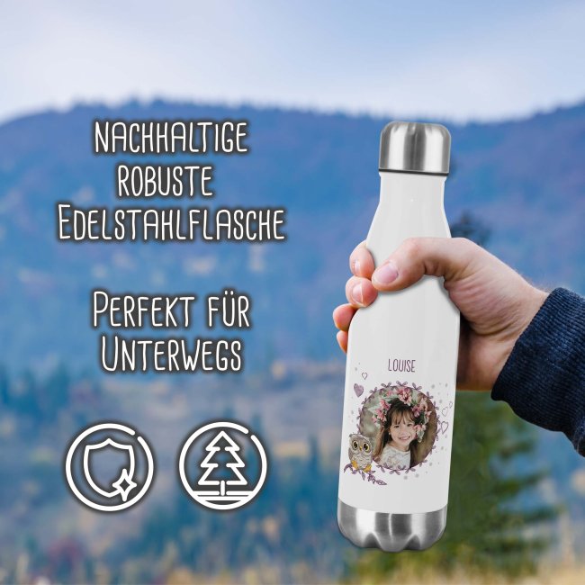 Trinkflasche aus Edelstahl f&uuml;r Kinder - mit Bild und Name - Rahmen Eule - 500 ml