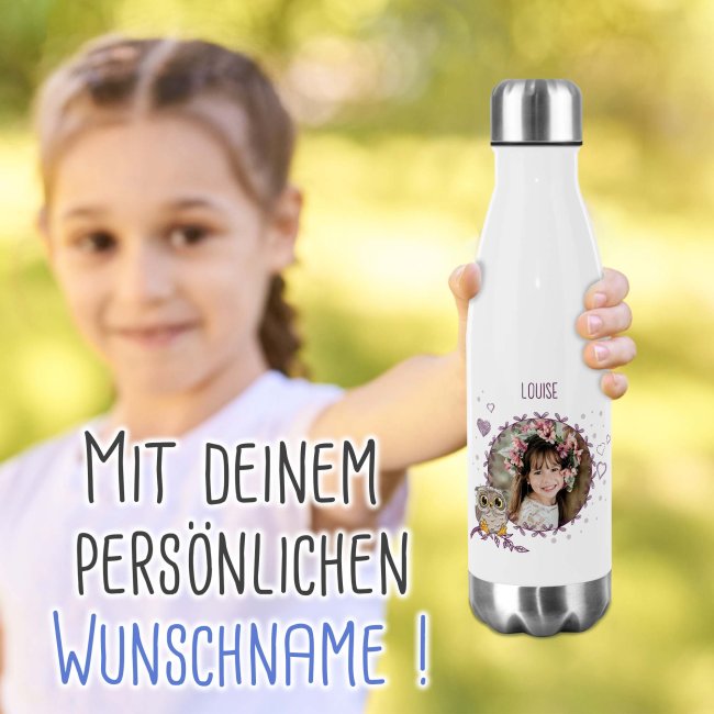 Trinkflasche aus Edelstahl f&uuml;r Kinder - mit Bild und Name - Rahmen Eule - 500 ml