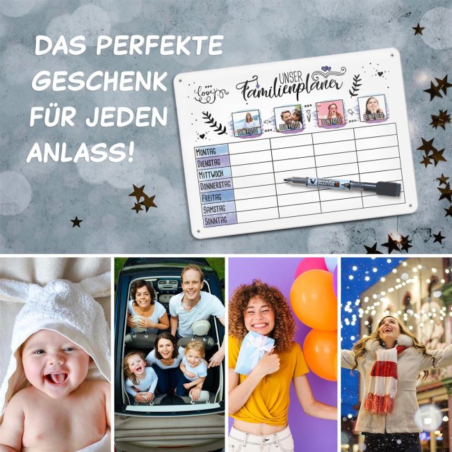 Familienplaner als Whiteboard f&uuml;r vier Familienmitglieder zum selbst Gestalten mit Fotos, Gr&ouml;&szlig;e DIN A3, inkl. abwischbarem Stift