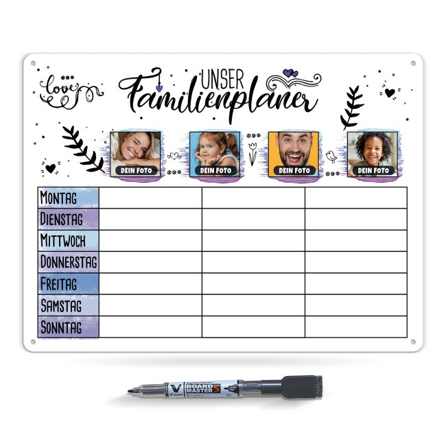 Familienplaner als Whiteboard f&uuml;r vier Familienmitglieder zum selbst Gestalten mit Fotos, Gr&ouml;&szlig;e DIN A3, inkl. abwischbarem Stift