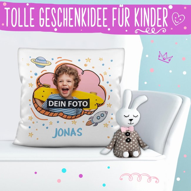 Kinder-Kissen - Rakete - mit Kinderfoto selbst gestalten - Wei&szlig;