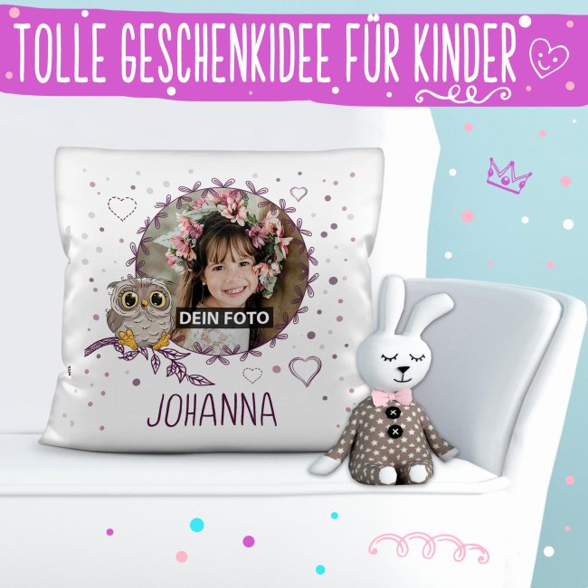 Kinder-Kissen - Eule - mit Kinderfoto selbst gestalten - Wei&szlig;