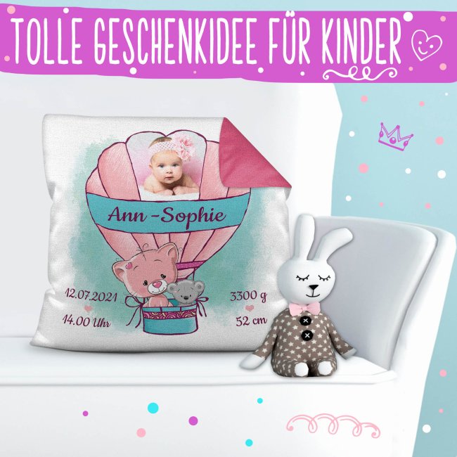 Kissen f&uuml;r M&auml;dchen - Ballon - mit Foto und Geburtsdaten - R&uuml;ckseite Pink