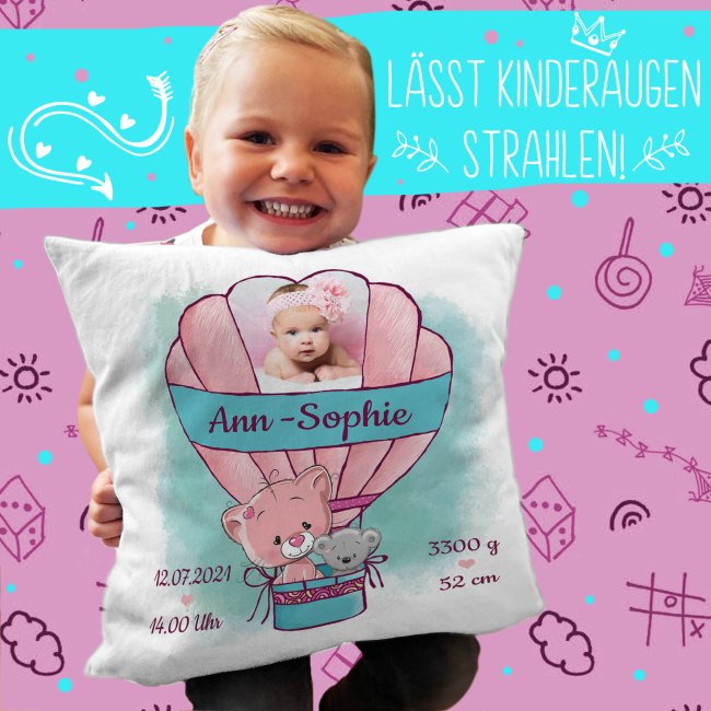 Kissen f&uuml;r M&auml;dchen - Ballon - mit Foto und Geburtsdaten - R&uuml;ckseite Pink