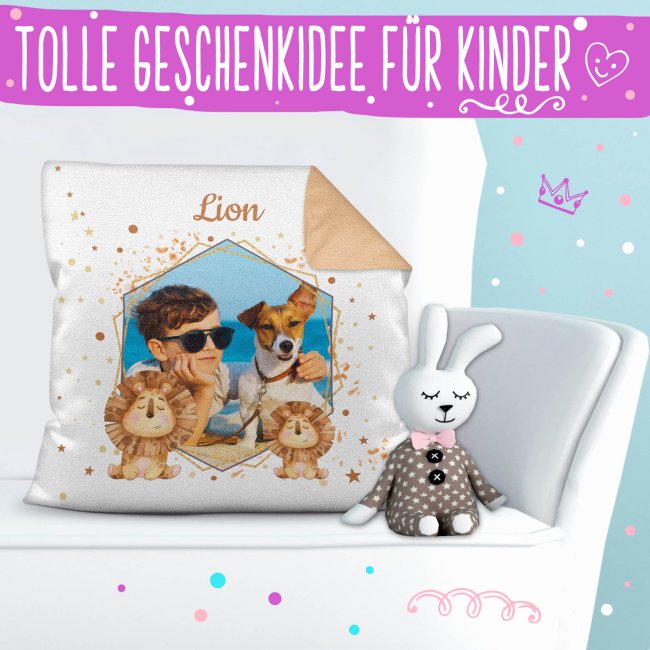 Kinder-Kissen mit F&uuml;llung, L&ouml;we - R&uuml;ckseite Mokka