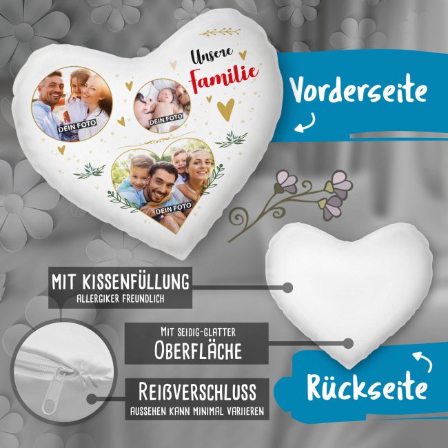 Herzkissen - Unsere Familie - Fotocollage mit 3 Fotos