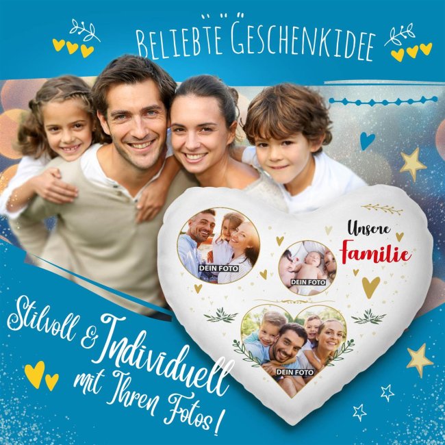 Herzkissen - Unsere Familie - Fotocollage mit 3 Fotos