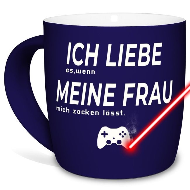 Tasse mit Lasergravur - Ich liebe meine Frau, zocken - Blau