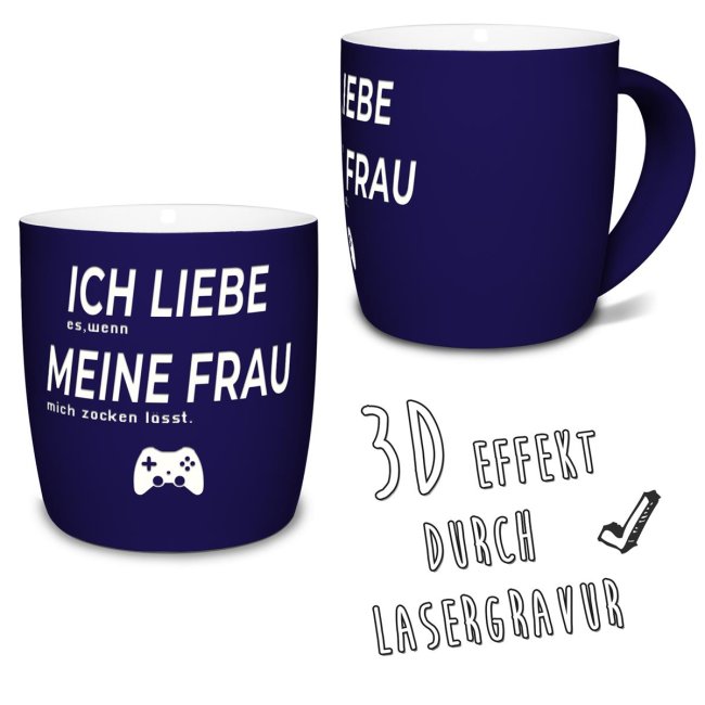 Tasse mit Lasergravur - Ich liebe meine Frau, zocken - Blau