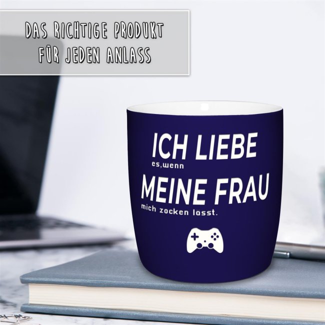 Tasse mit Lasergravur - Ich liebe meine Frau, zocken - Blau