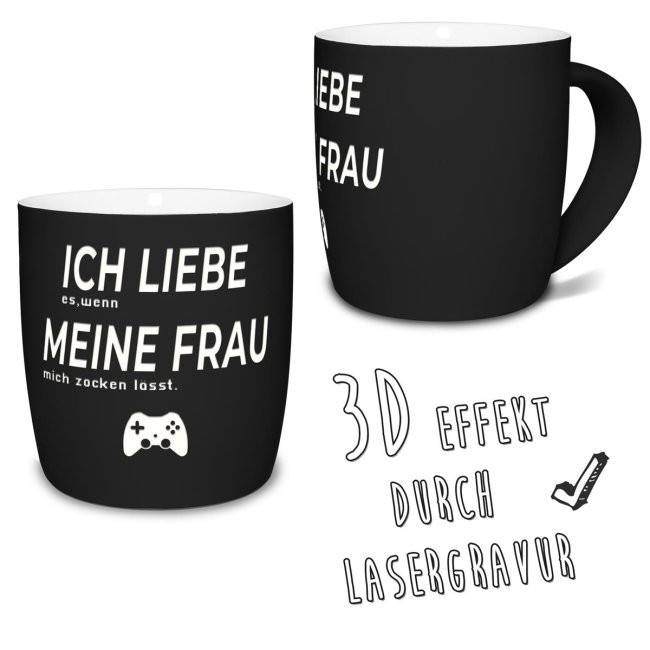 Tasse mit Lasergravur - Ich liebe meine Frau, zocken - Schwarz